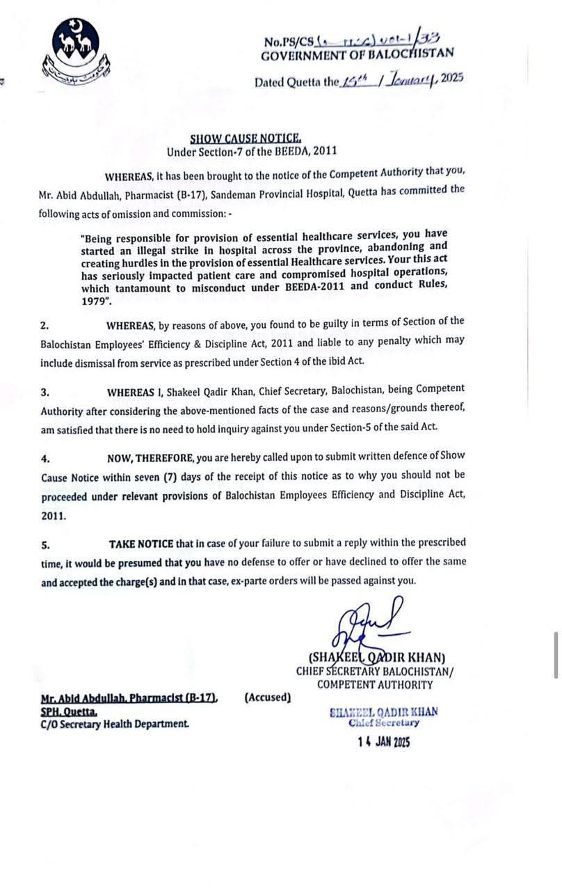 Government of Balochistan Decides to Take Action Against Doctors and Staff Involved in Illegal Strikes and Hospital Closures