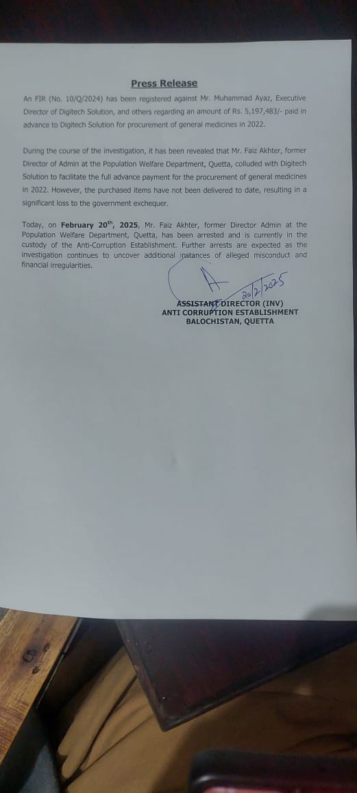 Alleged Corruption in Medicine Procurement: Former Population Department Officer Arrested in Quetta
